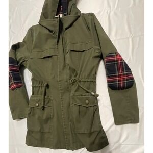 Wanna B Womens Military Green Plaid Elbow Patches Utility Hooded Jacket Size S